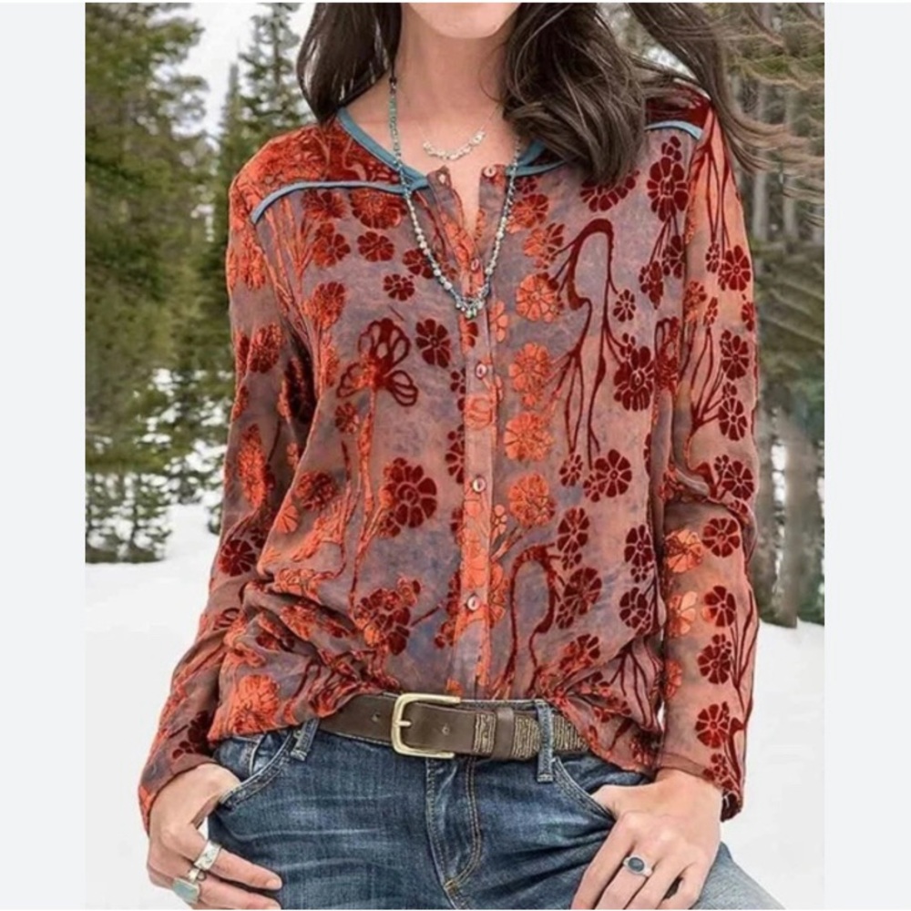 Sundance Catalog velvet sheer floral burnout size S button down long sleeve NWOT